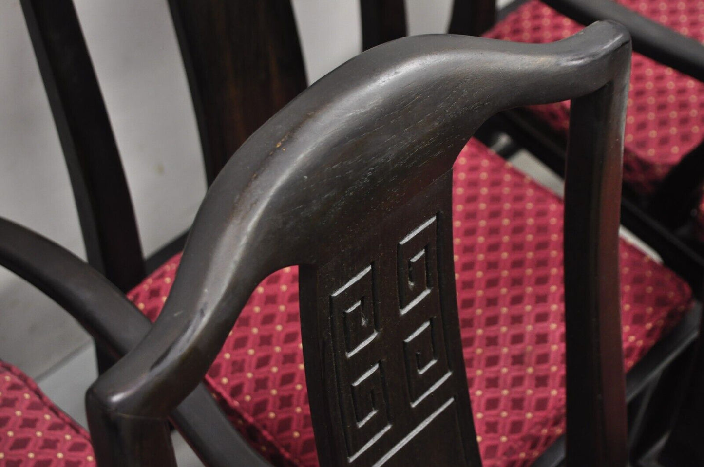 Vintage Chinoiserie Asian Ming Style Solid Wood Carved Dining Chairs - Set of 6