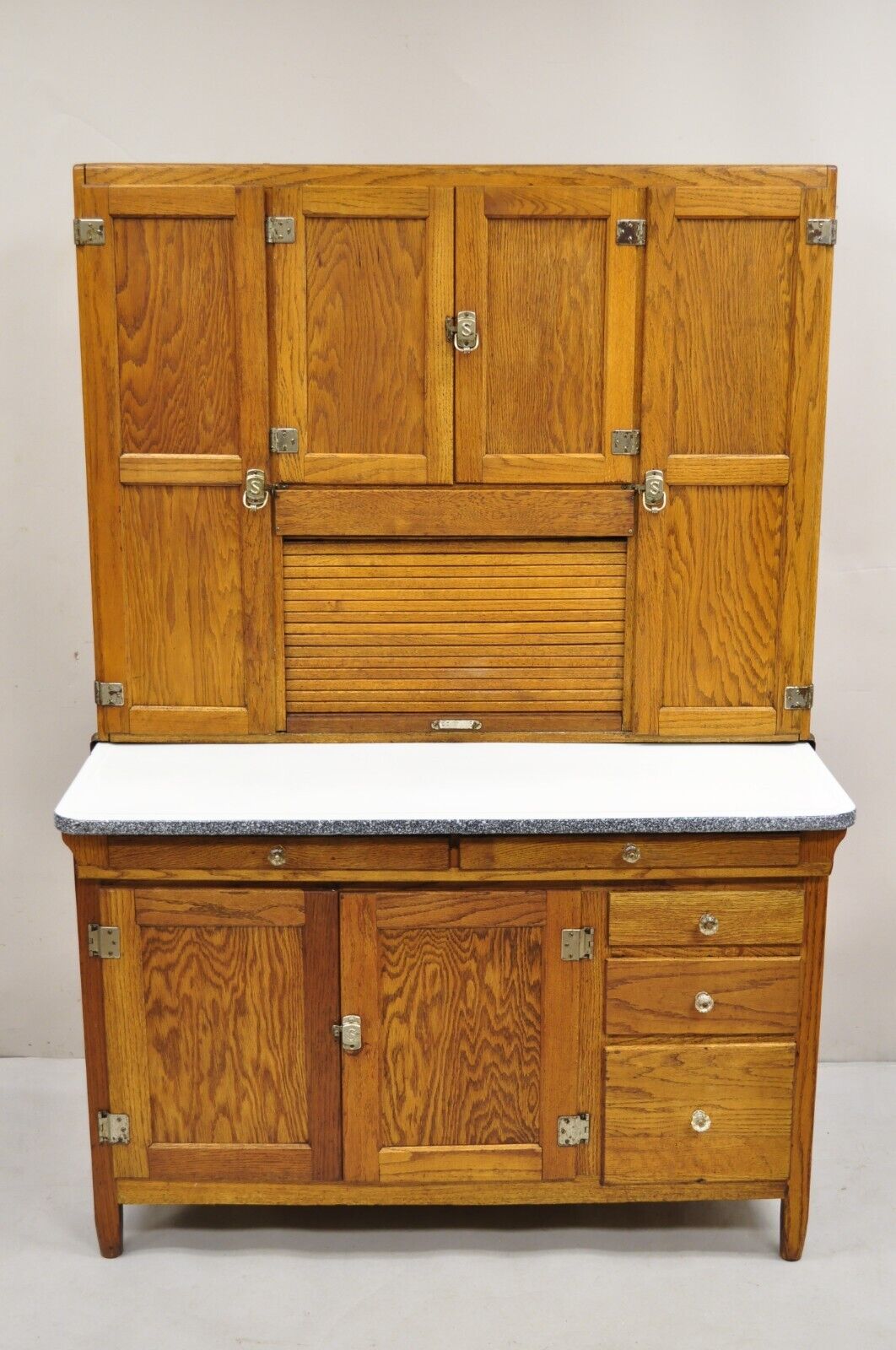 Antique Mastercraft Oak Wood Porcelain Enamel Hoosier Kitchen Cupboard Cabinet