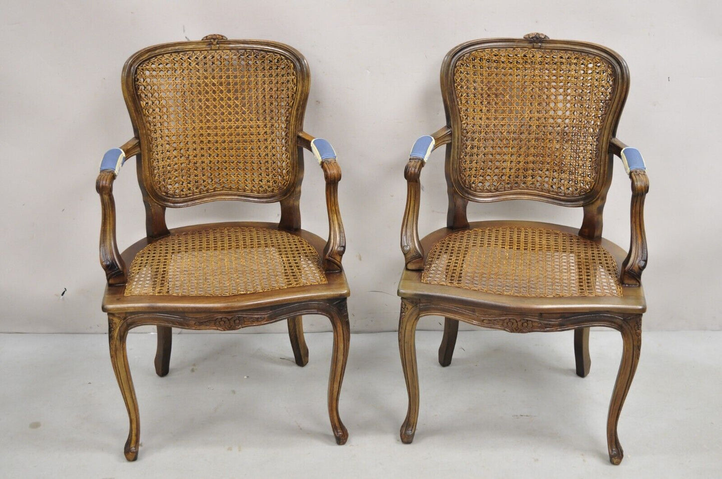 Vintage Ethan Allen Italy French Country Louis XV Cane Back Arm Chairs - a Pair