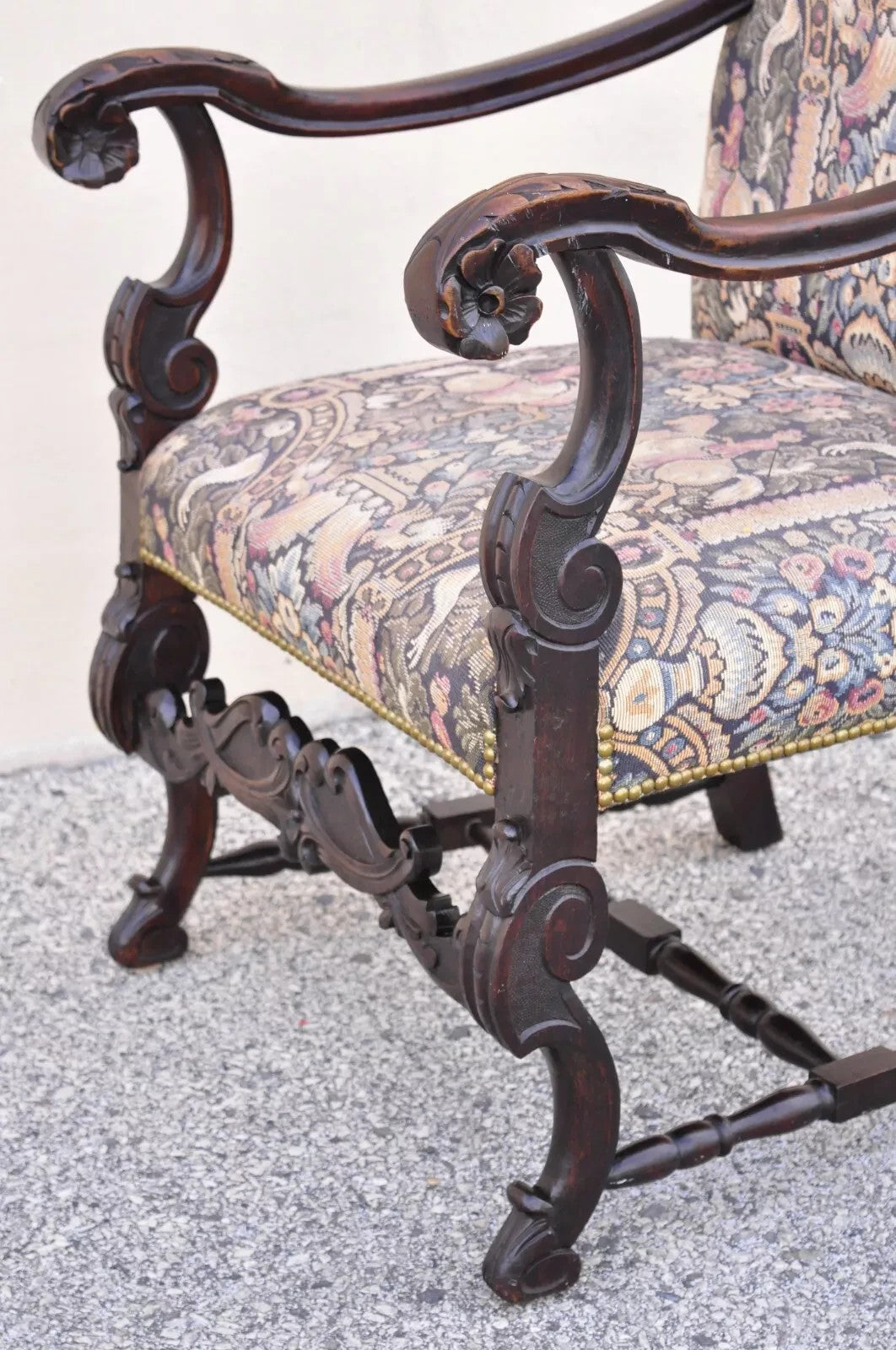 Antique Italian Renaissance Baroque Tapestry Carved Walnut Throne Arm Chair