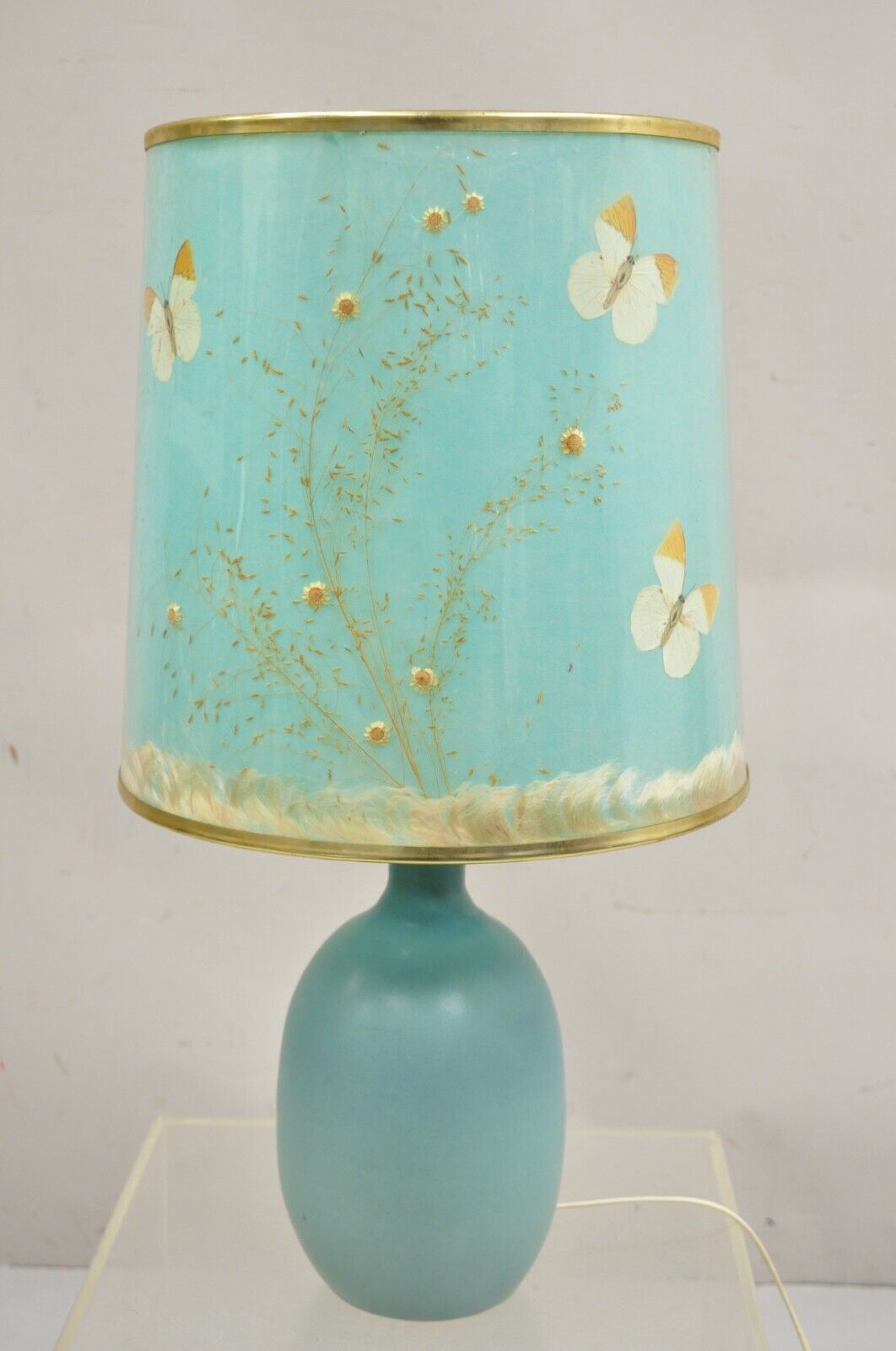 Walter Van Briggle Turquoise Blue Bulbous Pottery Table Lamp w/ Butterfly Shade