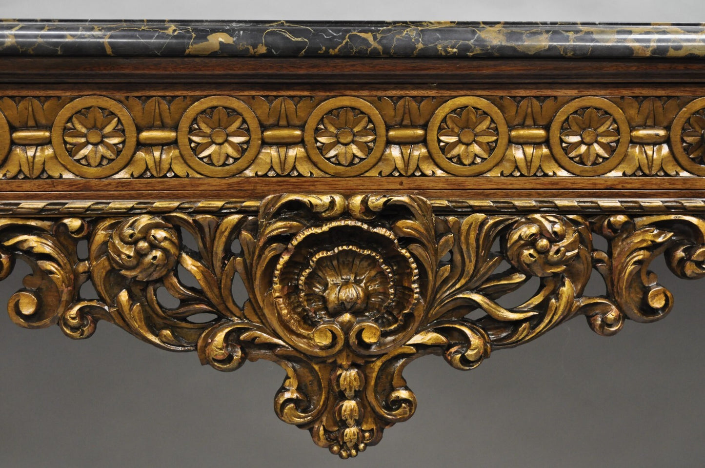 Antique French Baroque Rococo Carved Walnut Marble Top Sideboard Buffet w Drawer