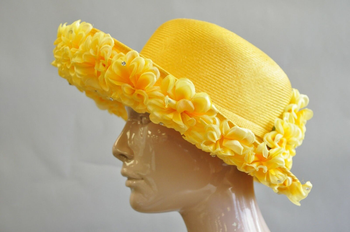 Vintage Jack McConnell Boutique Yellow Straw Bejeweled Flower Petal Derby Hat