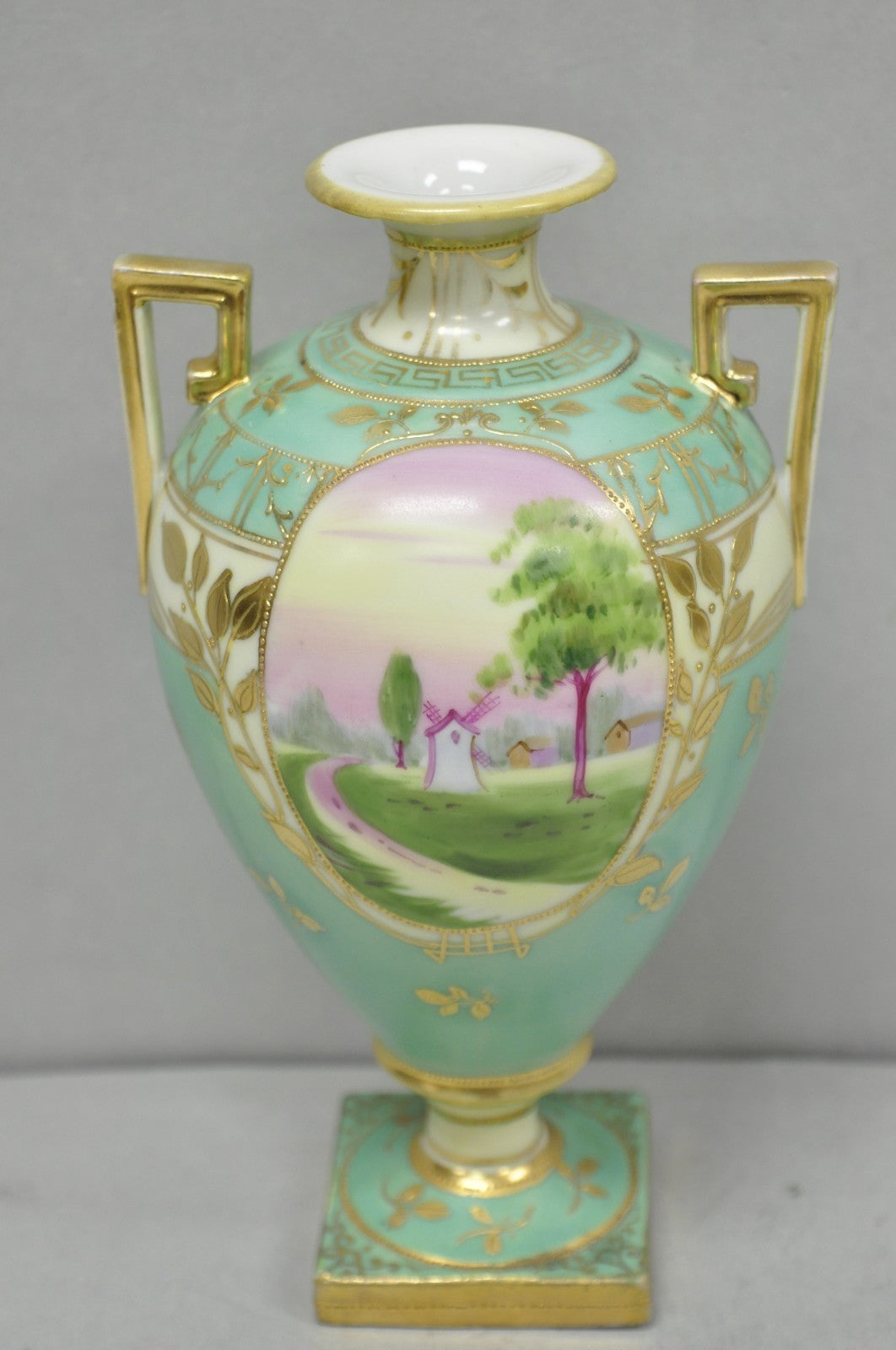 Antique Nippon Hand Painted Porcelain Windmill Scene Green Small Bolted Vase