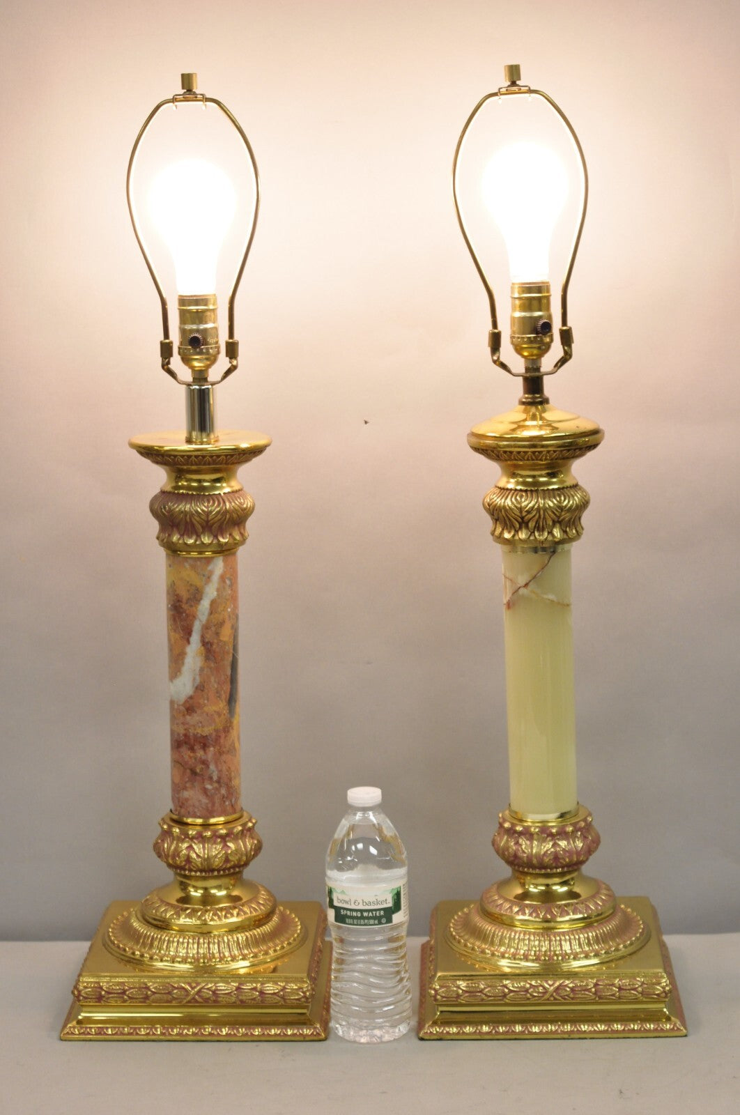 Vintage Hollywood Regency Brass Empire Column Green Pink Gold Table Lamps - Pair