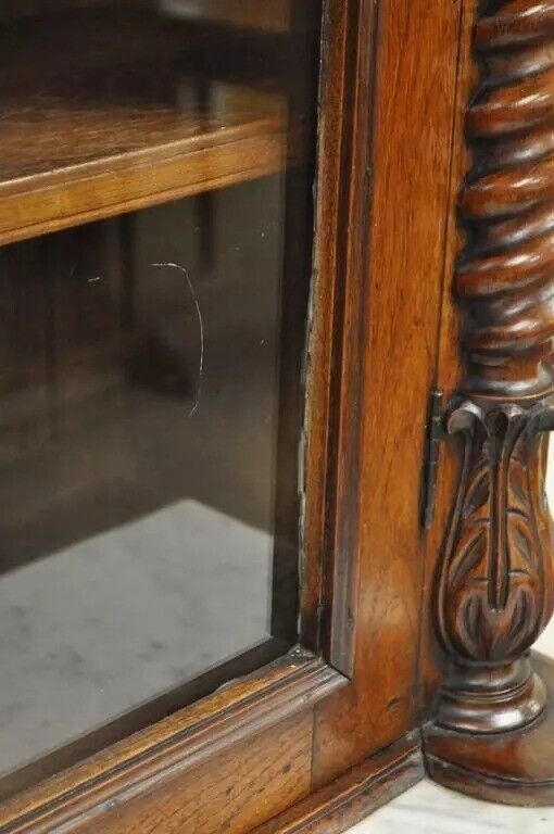 19th C. French Renaissance Carved Walnut Marble Top Bookcase Buffet Cabinet