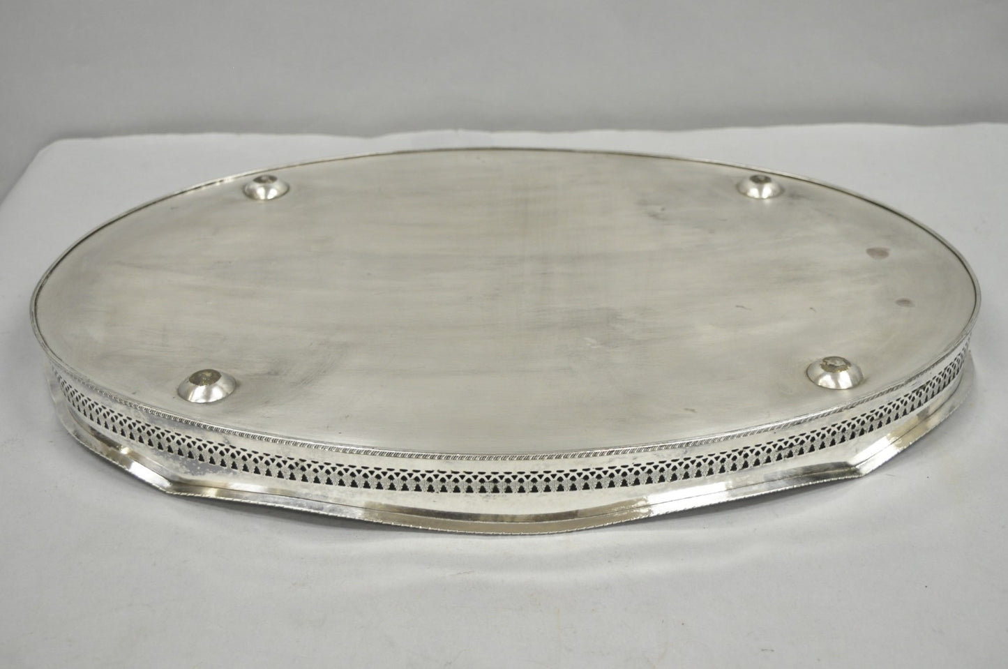 Antique English Edwardian Silver Plated Oval Bar Serving Tray w/ Raised Gallery