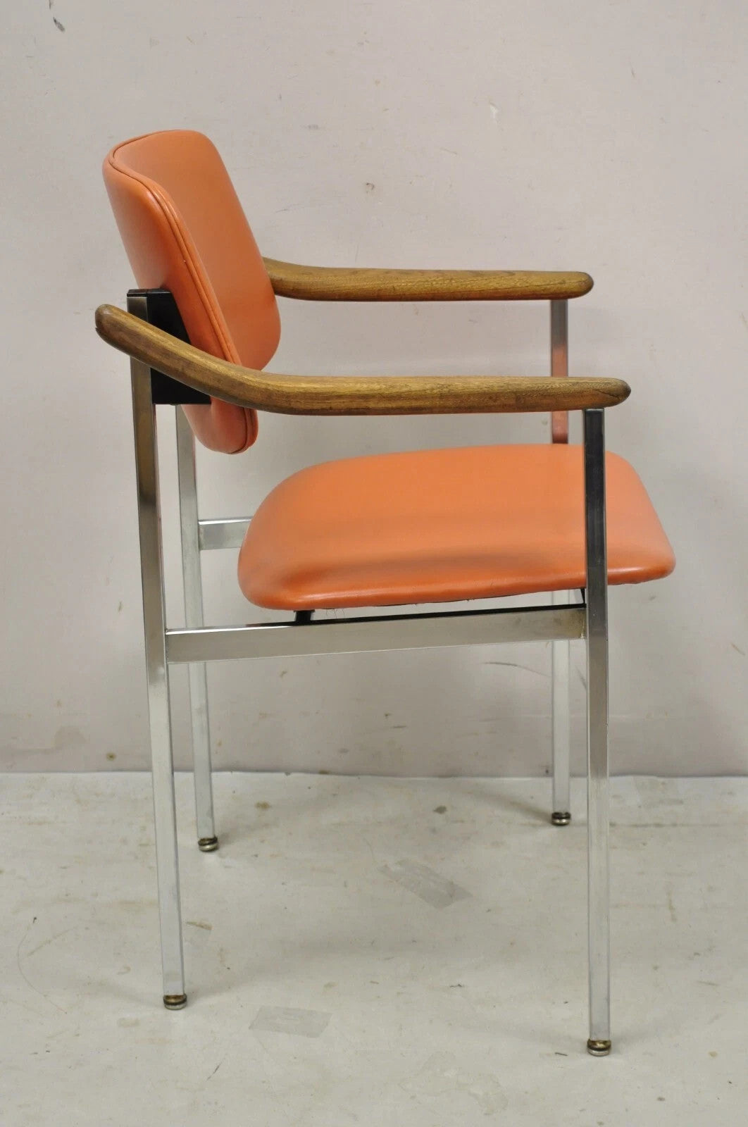 Vintage Mid Century Modern Orange Chrome Frame Sloped Wood Arm Side Desk Chair