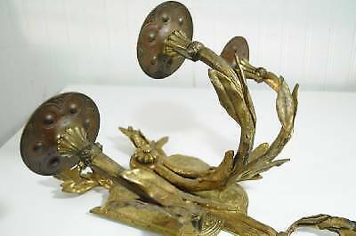 19th C French Bronze Acanthus Candle Holder Wall Sconce Coat of Arms Lion Shield