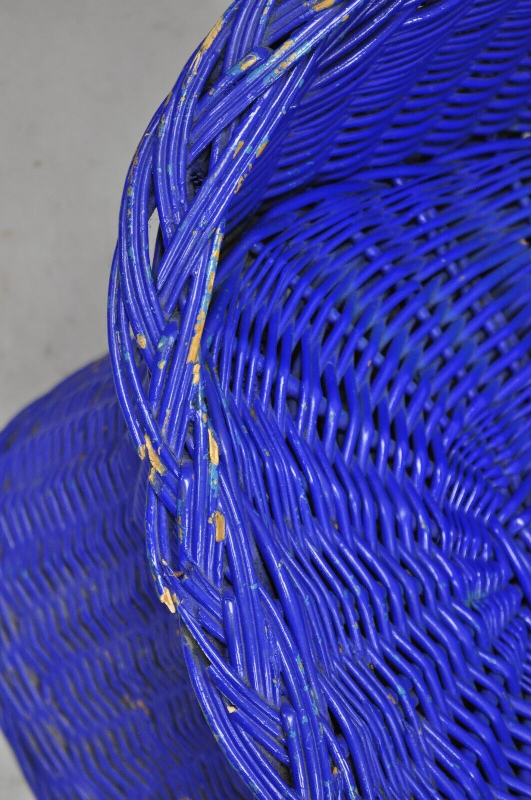 Vintage Mid Century Modern Blue Painted Wicker Rattan Pod Club Chairs - a Pair