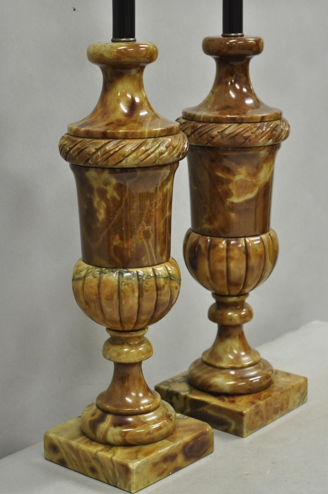 Vintage French Empire Style Polished Brown Marble Urn Form Table Lamps - a Pair