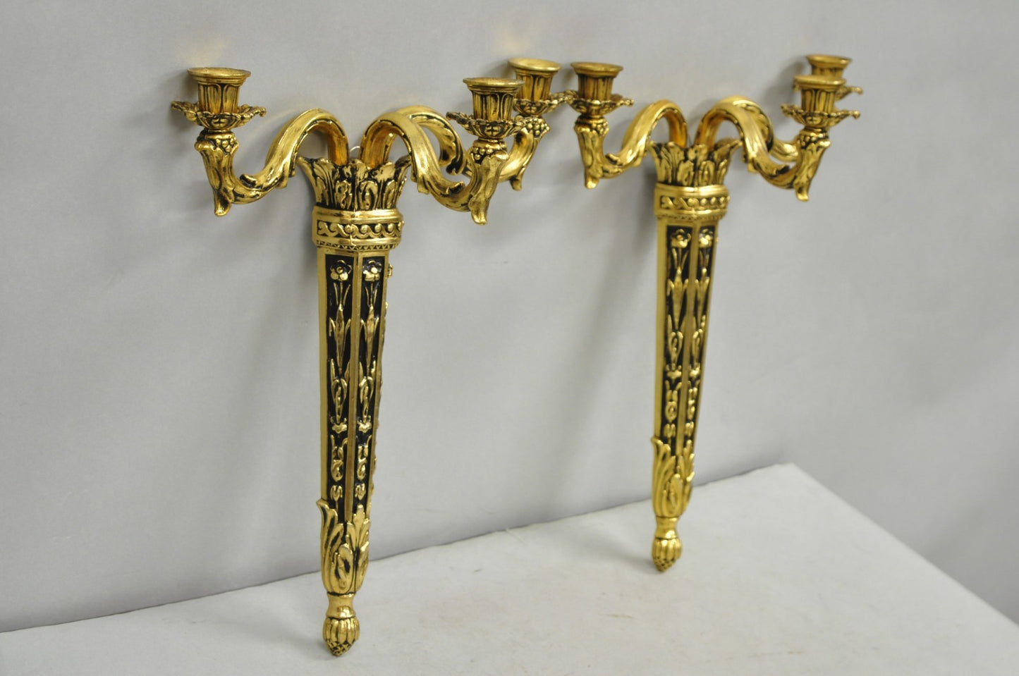 Vintage French Empire Gold Gilt Metal 3 Arm Torch Candelabra Wall Sconces a Pair