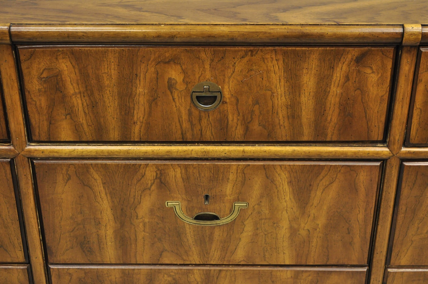 Vintage Drexel Accolade Campaign Style Pecan 9 Drawer Credenza Dresser Chest