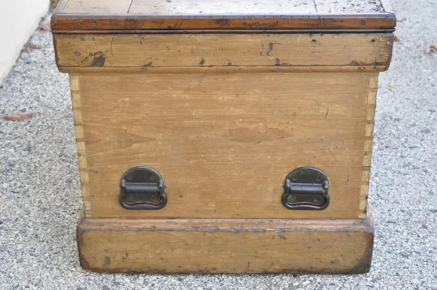 Antique 19th C French Hand Painted Distressed Wood Blanket Chest Dovetail Trunk