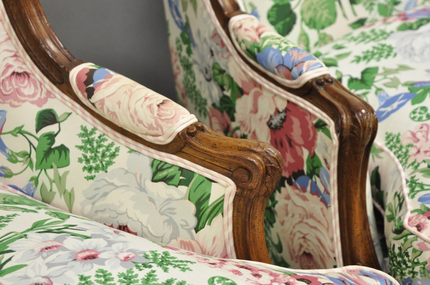 Antique French Country Louis XV Style Carved Walnut Bergere Wingback Chairs Pair