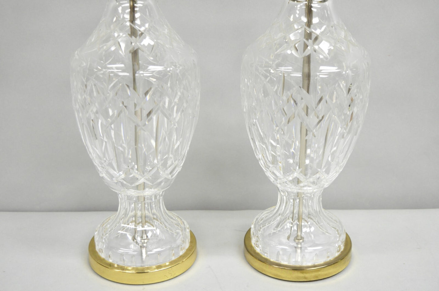 Vintage Waterford Cut Crystal Leaded Glass Urn Form Brass Table Lamps - a Pair