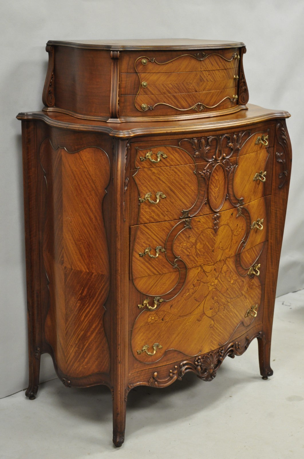 Antique French Louis XV Carved Walnut Satinwood Inlay Highboy Tall Chest Dresser