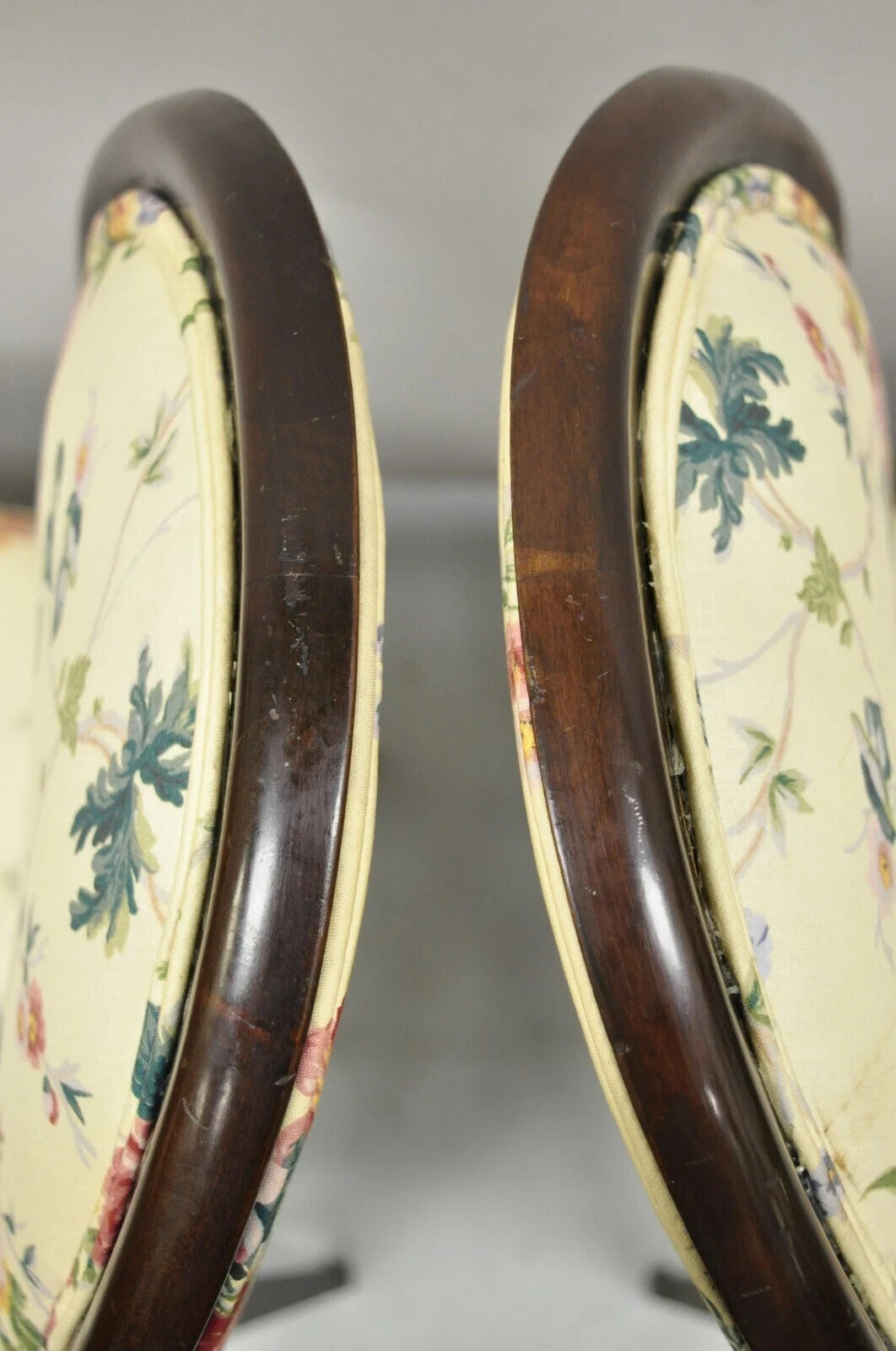 French Art Deco Oval Upholstered Back Mahogany Wood Frame Dining Chairs - a Pair