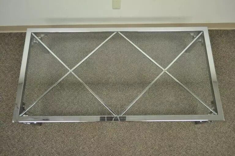 Mid Century Modern Chrome X-Frame Glass Top Hollywood Regency Coffee Table