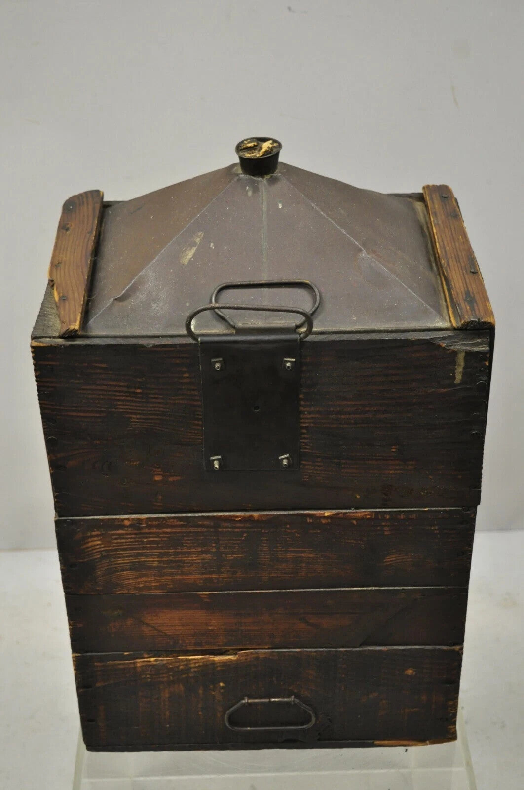 Antique Tin Metal Export Transport 5 Gallon Canister Container with Wood Case