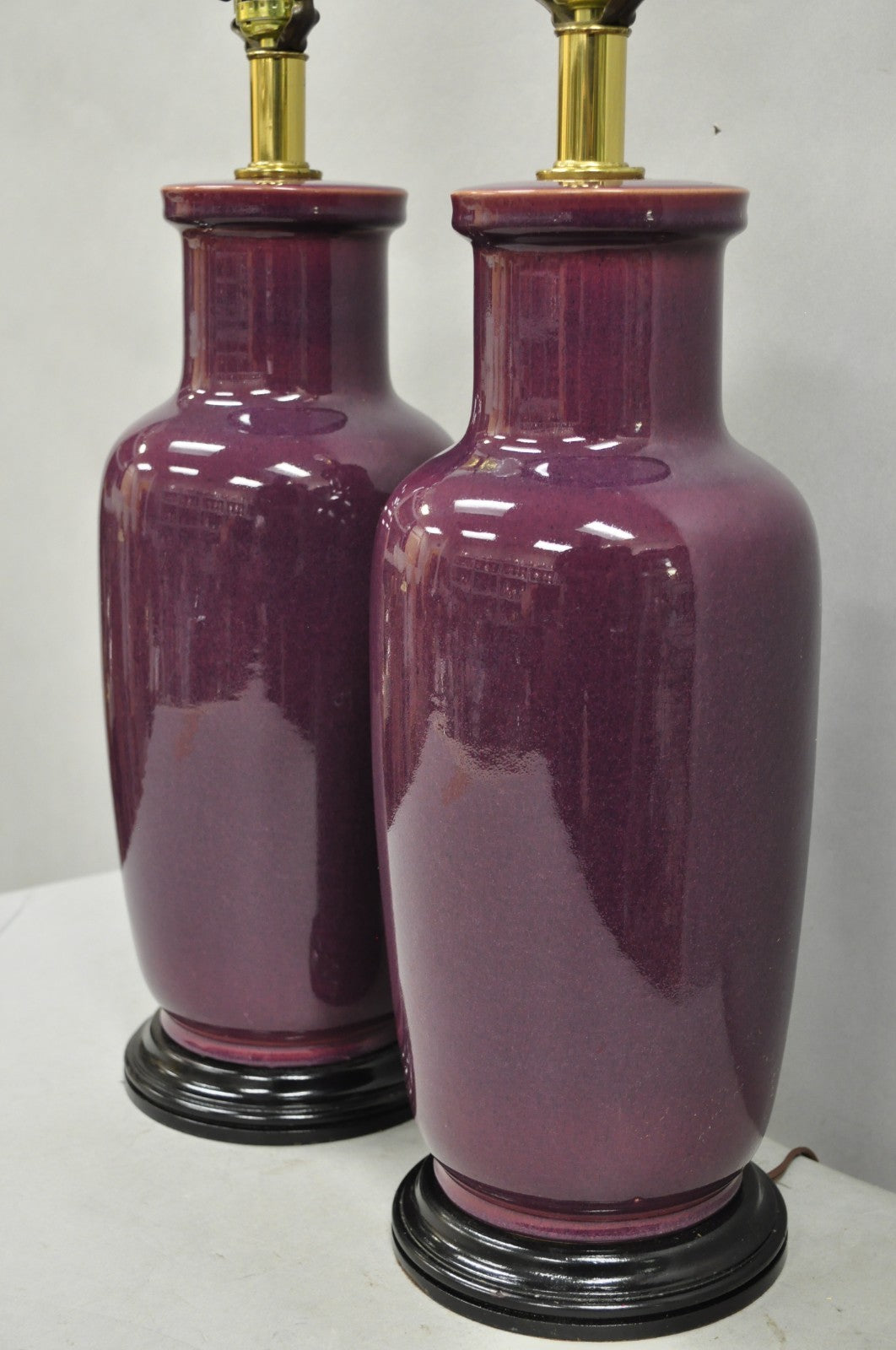 Vintage Chinoiserie Plum Purple Ceramic Porcelain Jardiniere Table Lamps - Pair