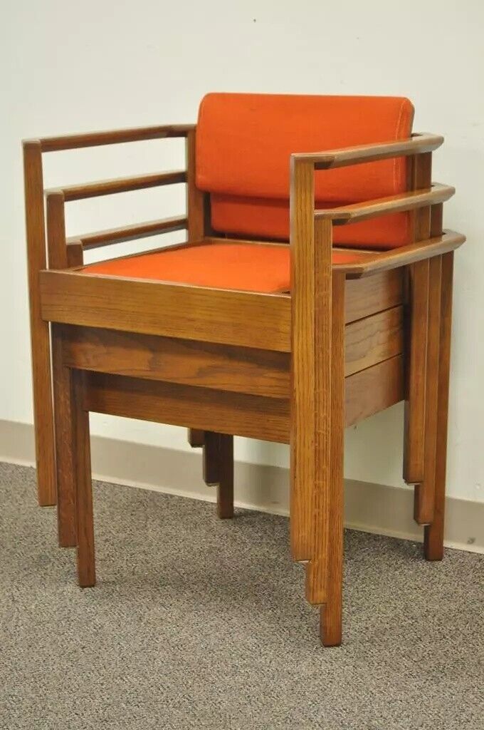 Vintage Kimball Mid Century Modern Oak Stacking Dining Arm Chairs - Set of 3