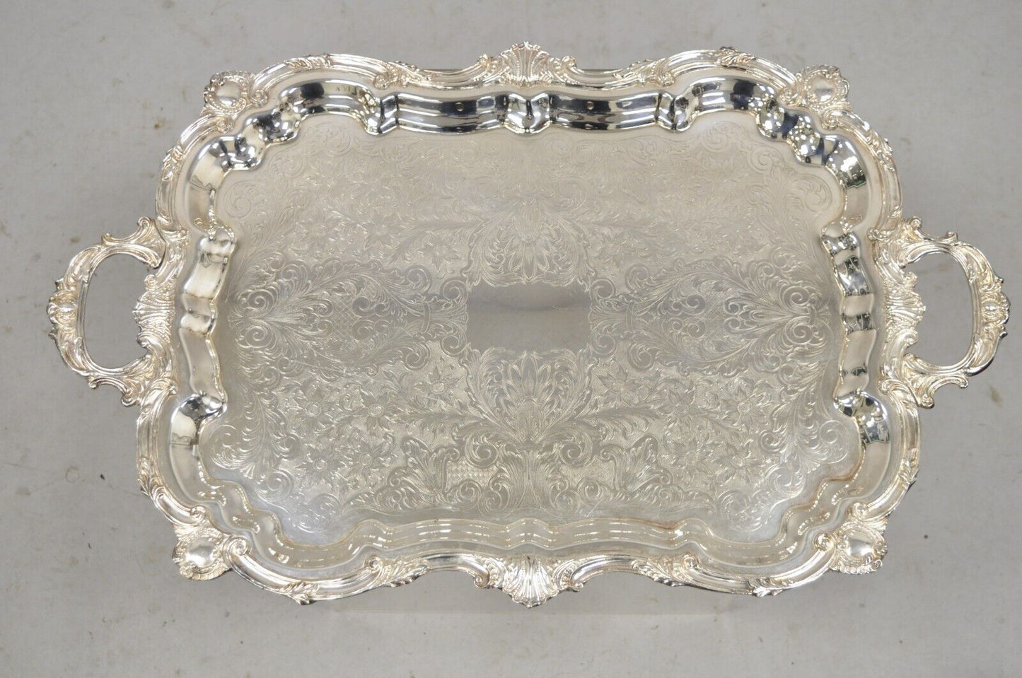 Vintage English Silver Mfg Corp Large Silver Plated Etched Platter Tray