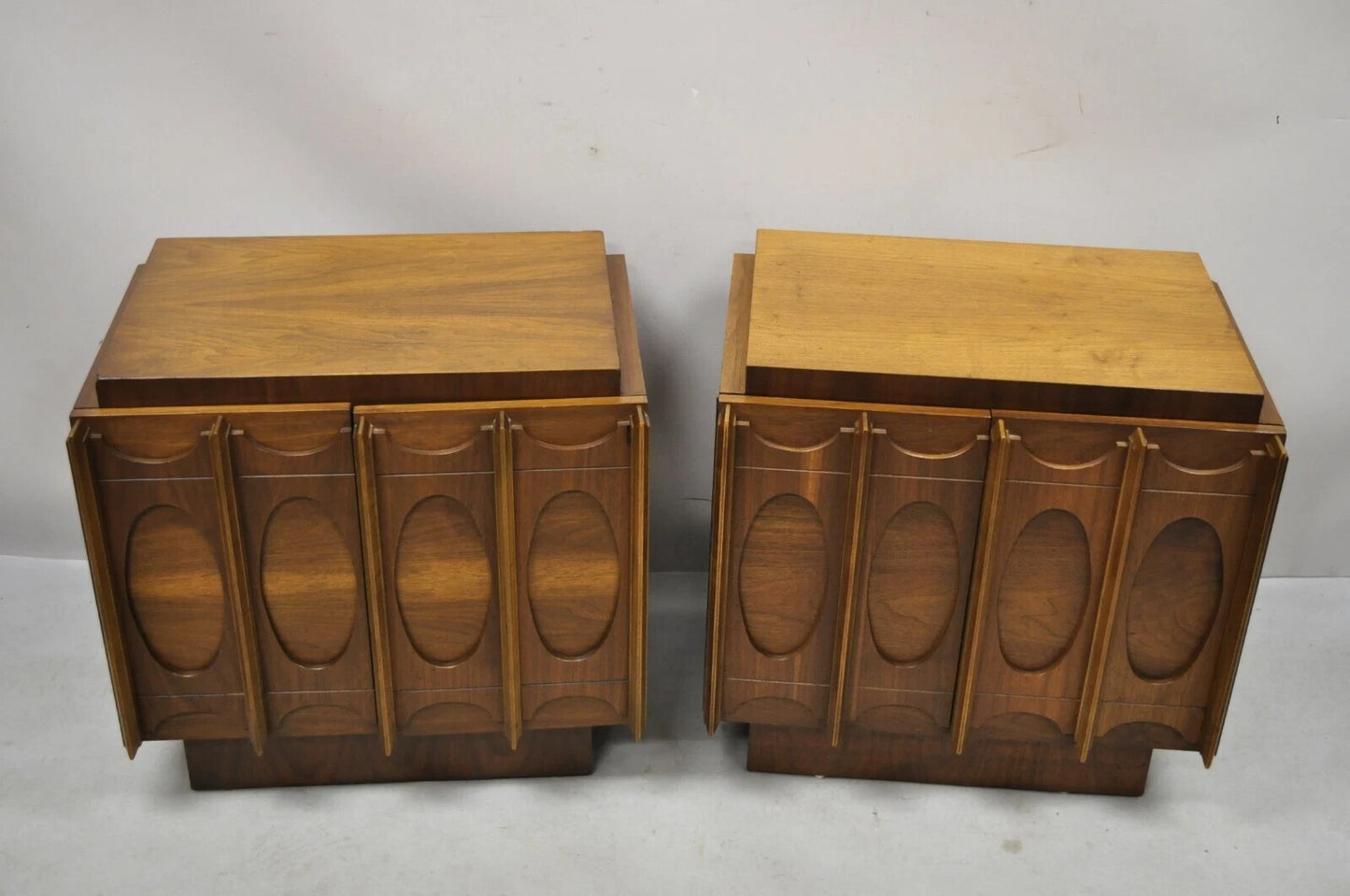 Vintage Mid Century Modern Sculpted Walnut Nightstand Cabinets by Tobago - Pair