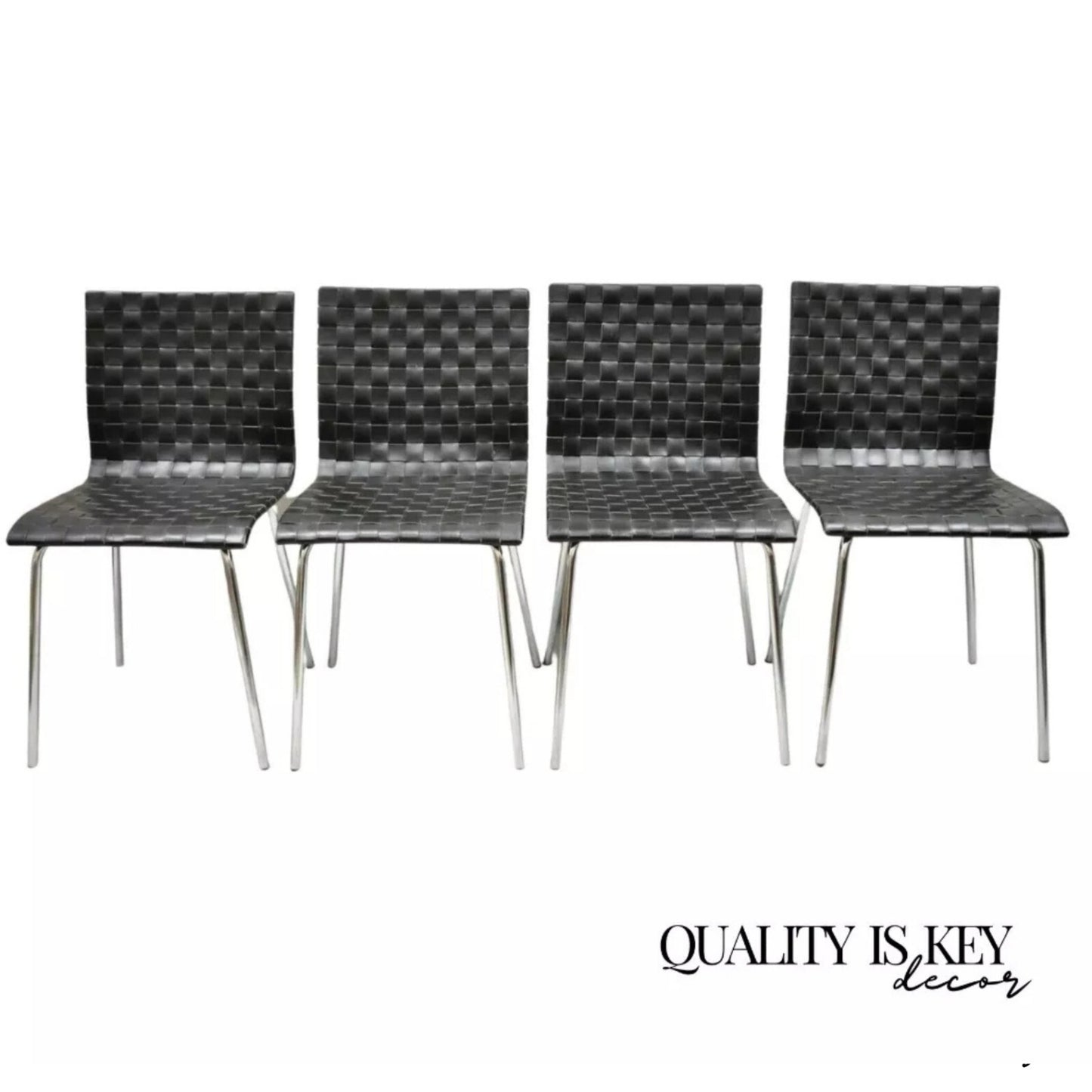 Contemporary Modern Black Woven Leather Chrome Frame Dining Chairs - Set of 4