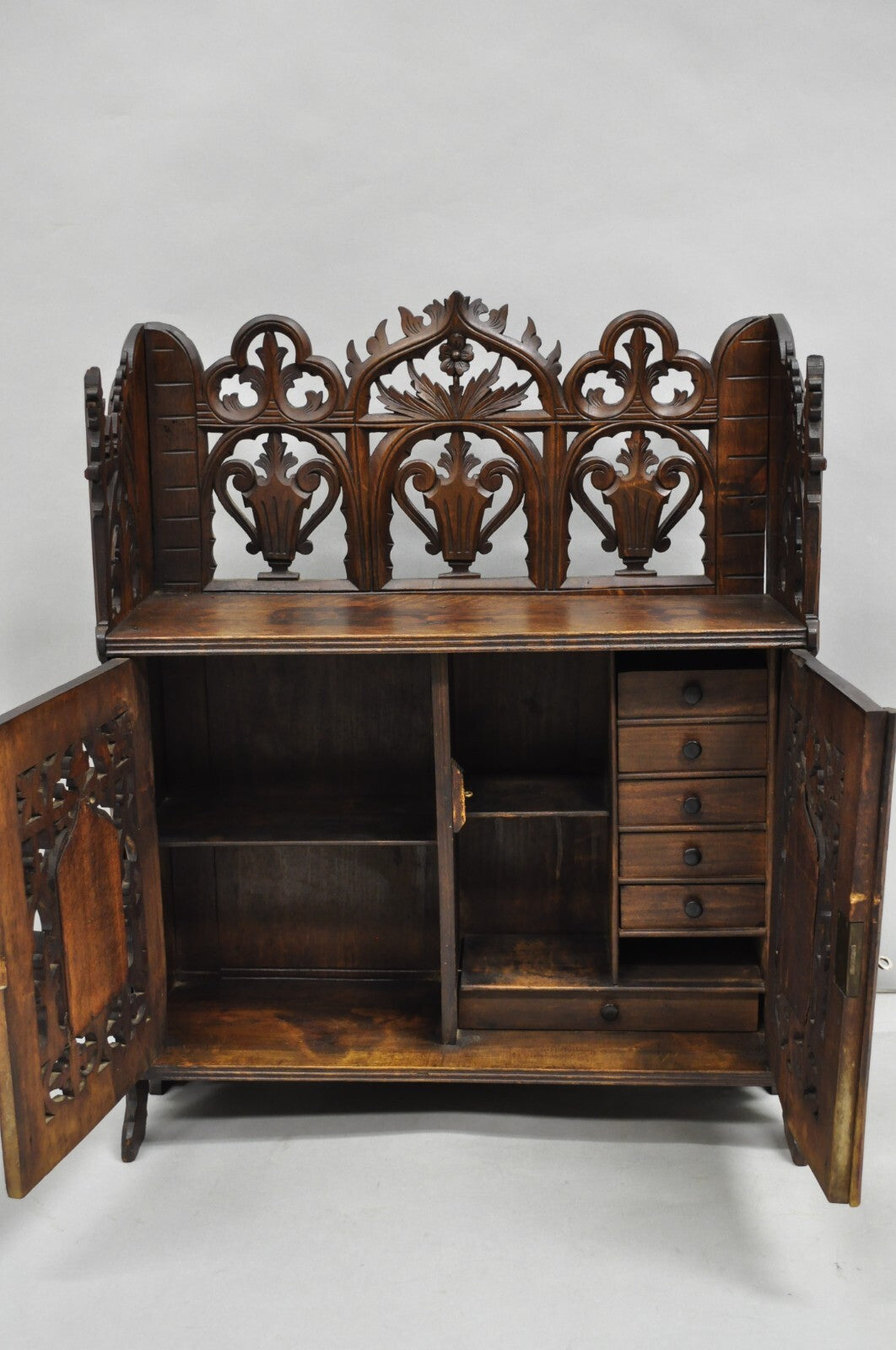 Antique Gothic Arts & Crafts Black Forest Walnut Carved Small Wall Curio Cabinet
