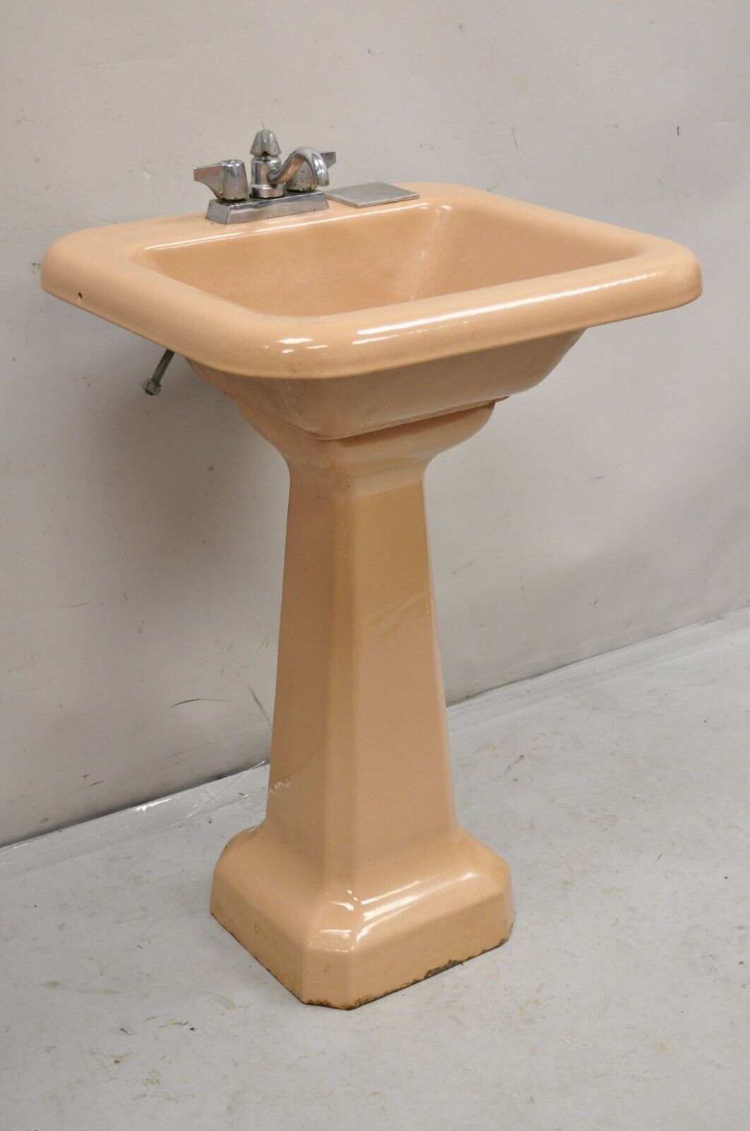 Vintage Mid Century Porcelain Enamel Salmon Pink Bathroom Pedestal Sink
