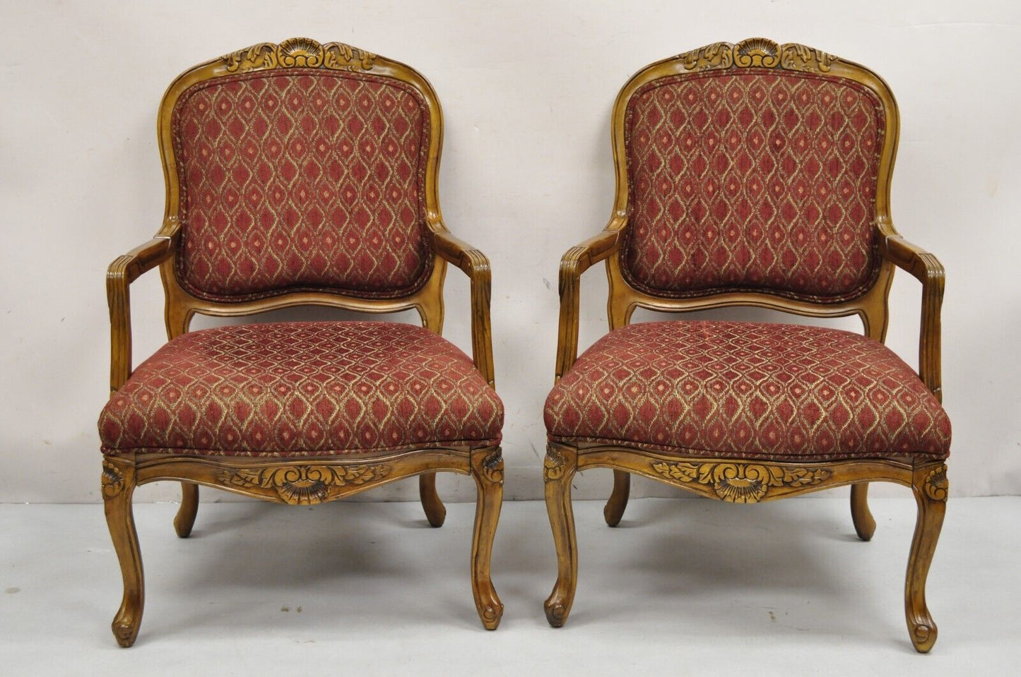 French Country Style Shell Carved Wood Burgundy Upholstered Lounge Chairs - Pair