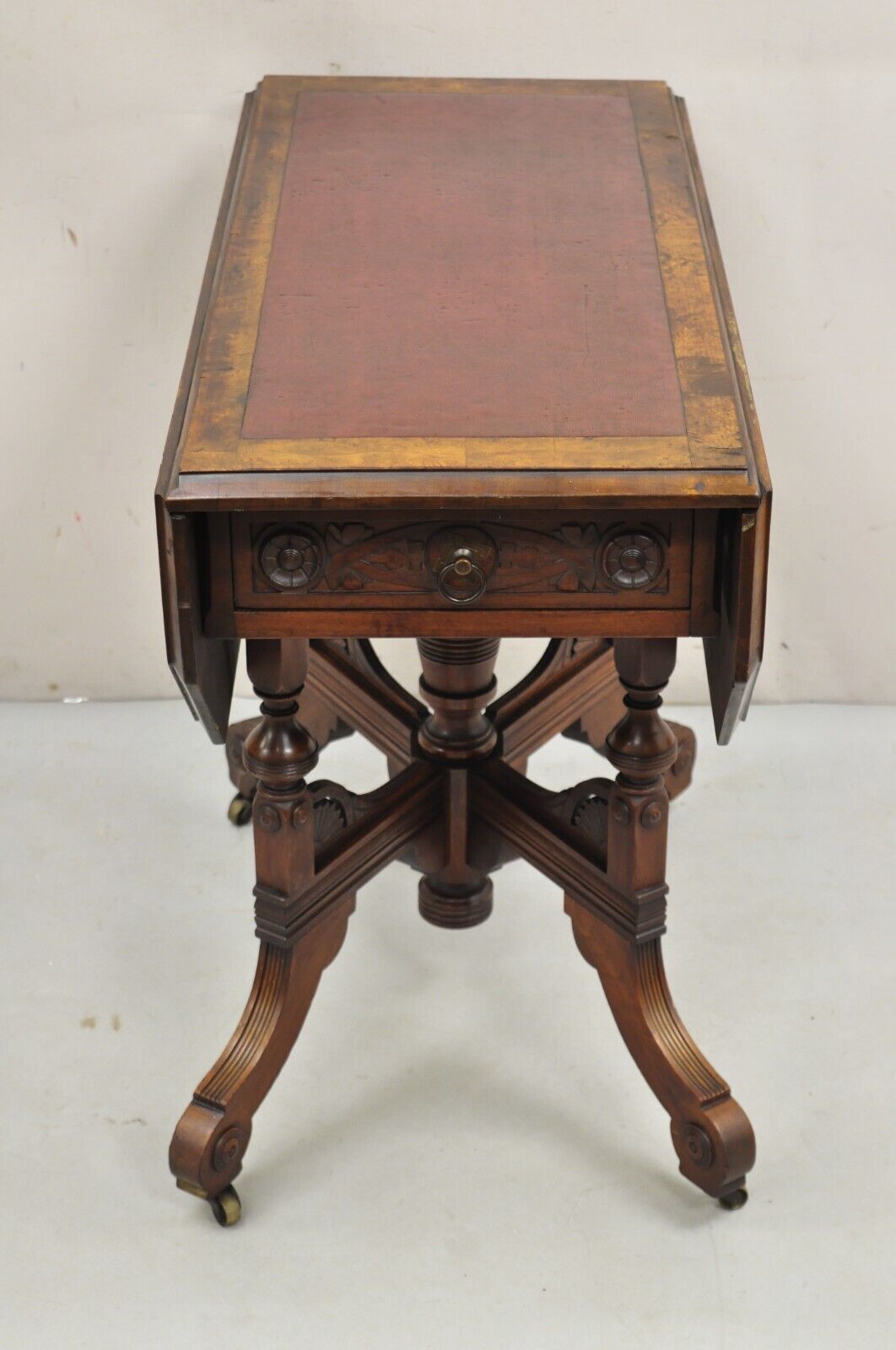 Antique Eastlake Victorian Leather Top Walnut Dropleaf Parlor Game Table