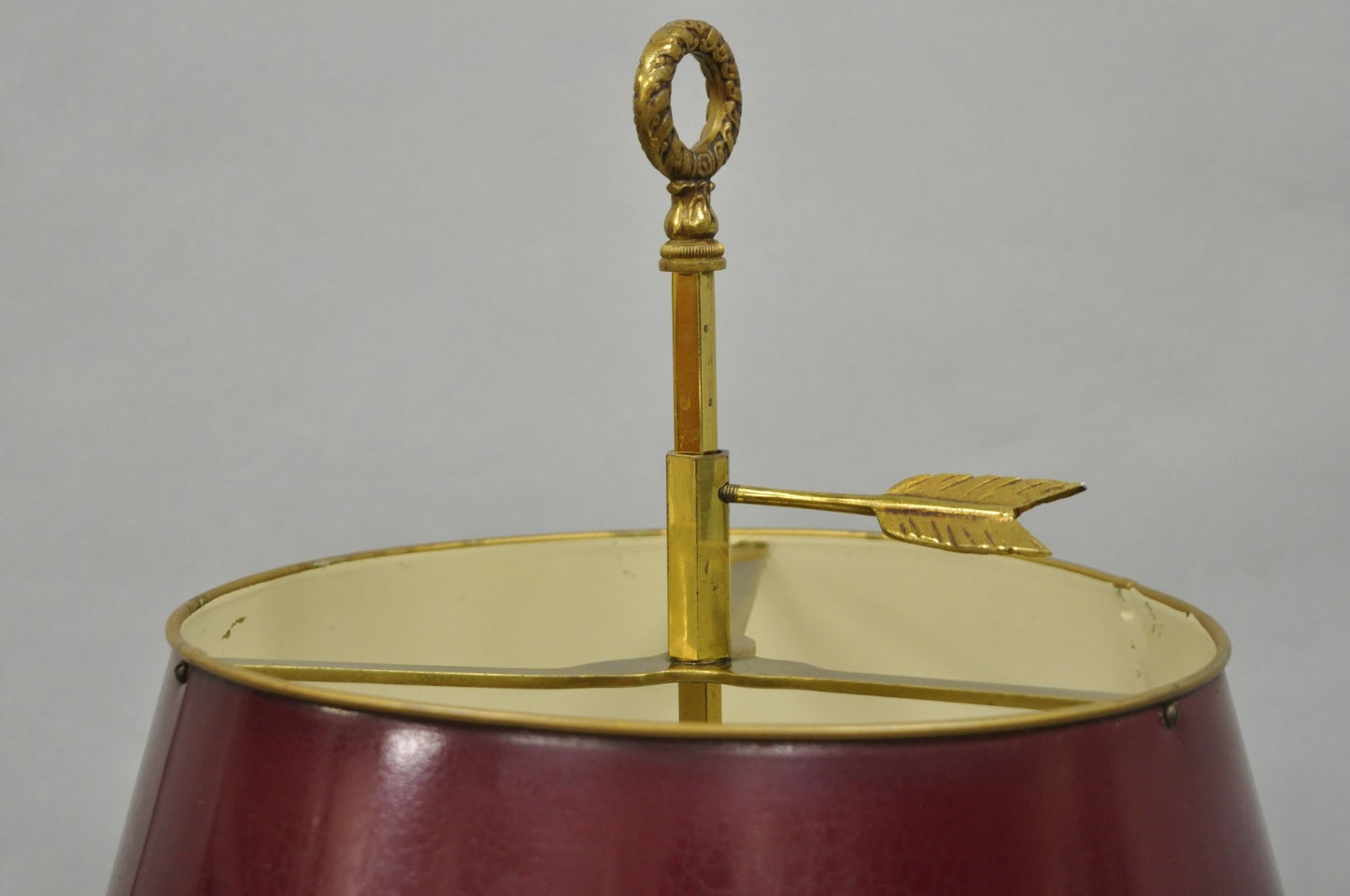French Country Empire Brass Trumpet Arm Red Tole Shade Bouillotte Desk Lamp