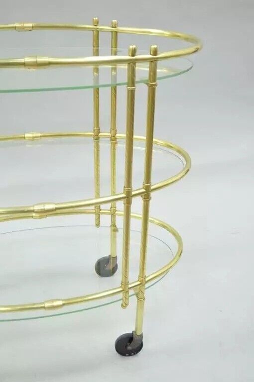 Mid Century Italian Modern Polished Brass & Glass Three Tier Oval Bar Tea Cart
