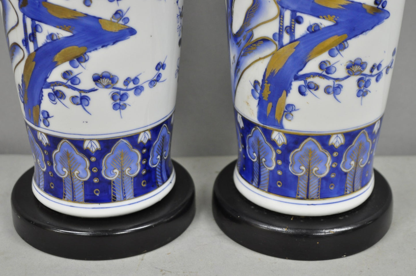 Vintage Chinoiserie Blue White Porcelain Bird & Plum Blossom Table Lamp - a Pair