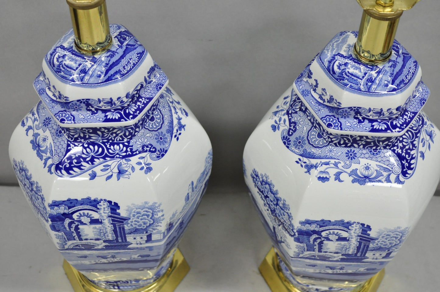 Vintage Spode Chinoiserie French Blue White Porcelain Ginger Jar Table Lamp Pair