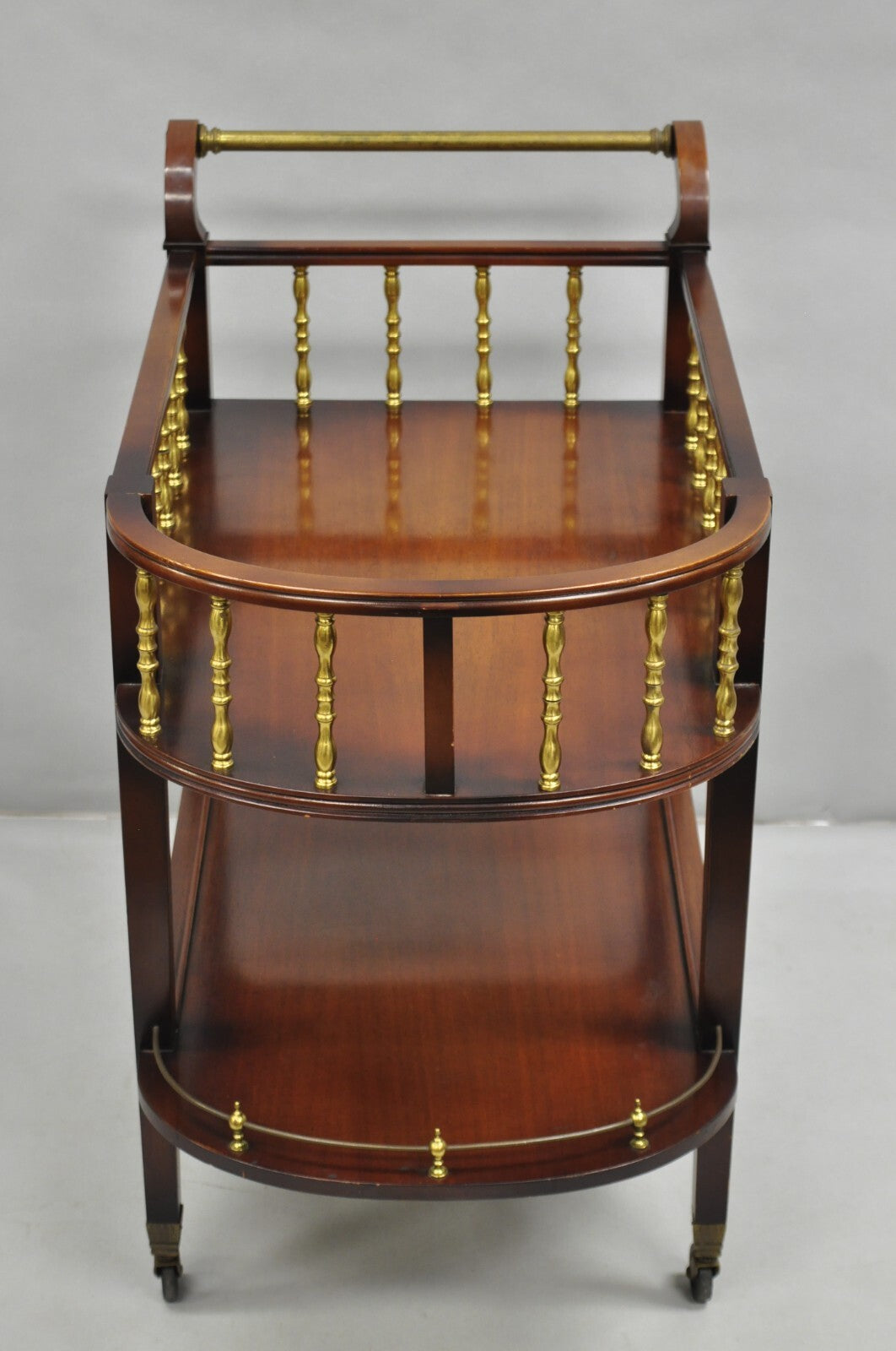 Vintage French Regency Mahogany 2 Tier Brass Gallery Rolling Bar Cart Server
