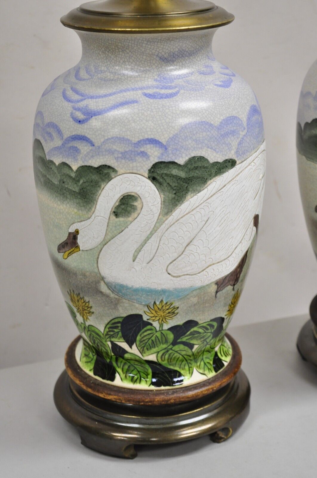 Vintage Chinoiserie Painted Swan Porcelain Ginger Jar Table Lamps - a Pair