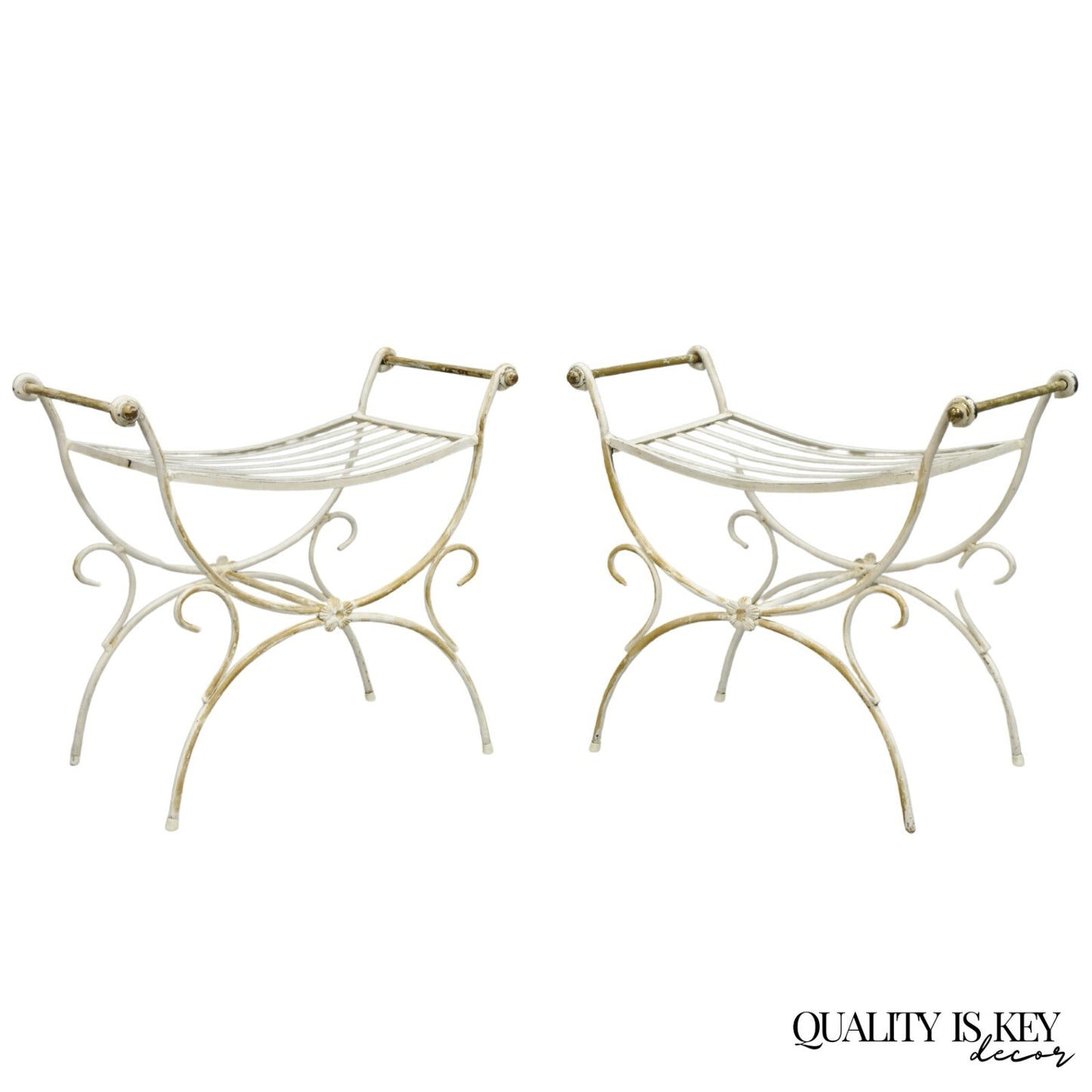 Vintage Italian Regency Wrought Iron & Brass Curule X Frame Stool - a Pair