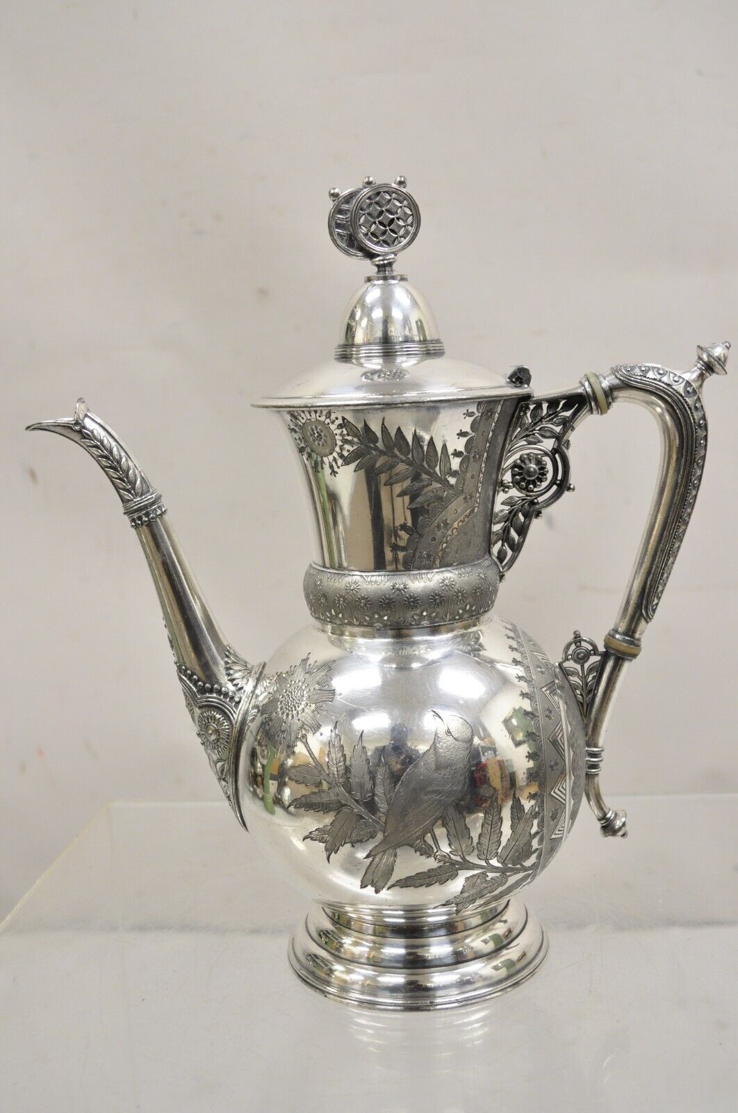 Antique Meriden Art Nouveau Silver Plated Bird Engraved Ornate Teapot Tea Kettle