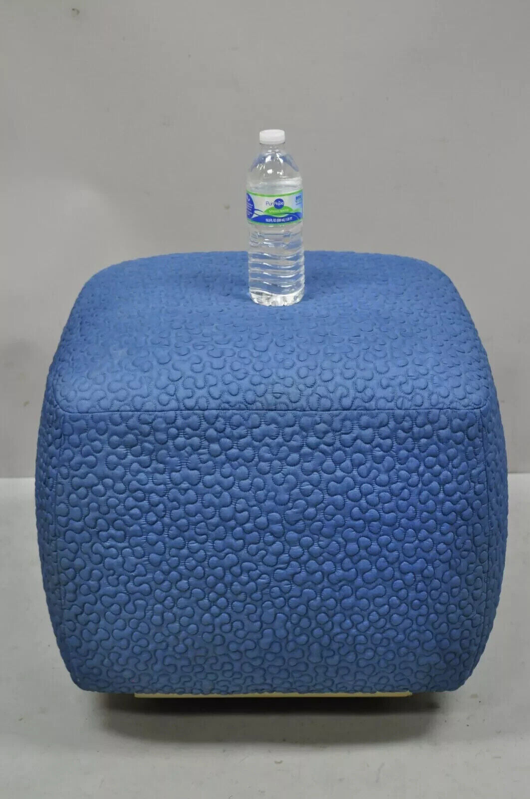 Vintage Mid Century Modern Square Pouf Ottoman Blue Stitched Fabric on Casters
