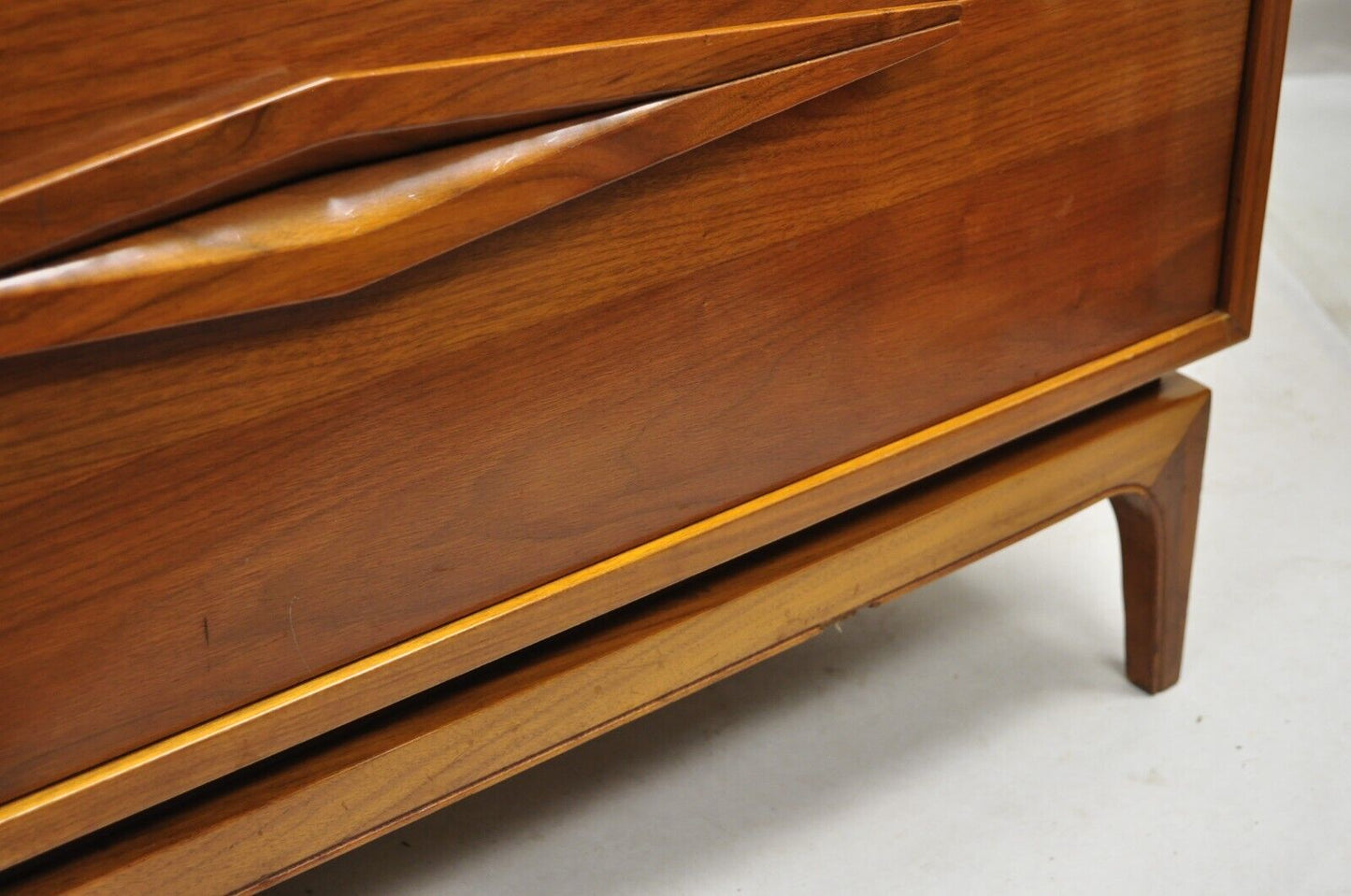 Vintage Mid Century Danish Modern Sculpted Walnut Long Dresser Credenza