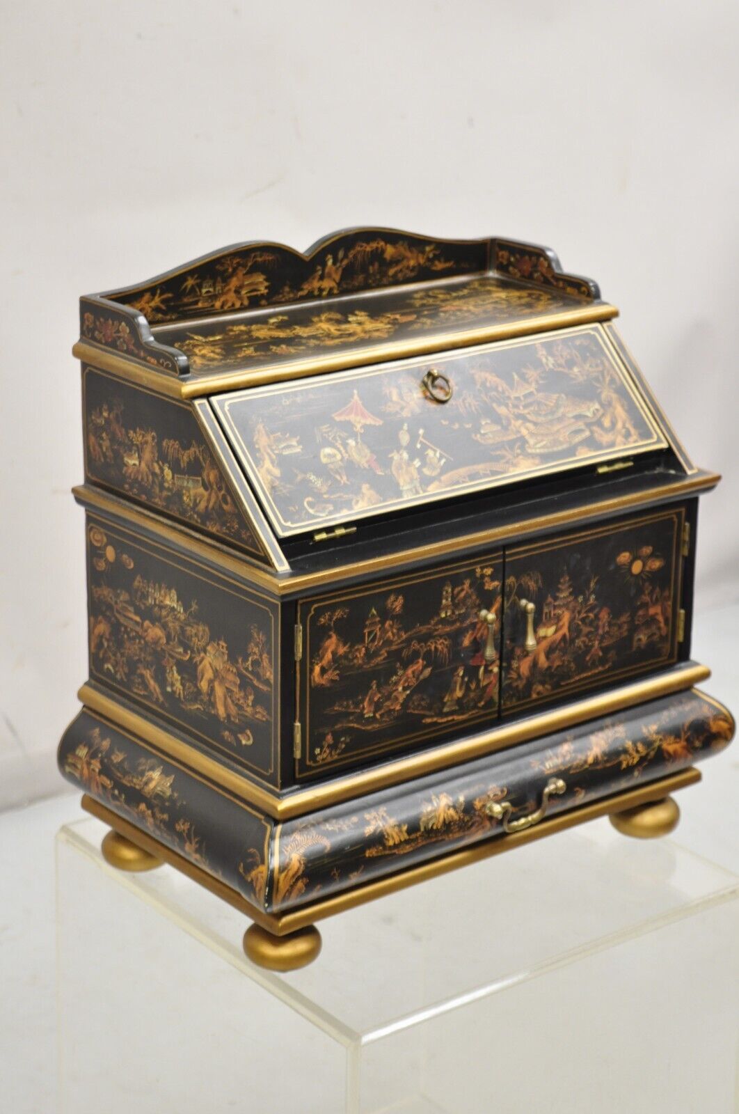Decorative Chinoiserie Bombe Style Black Lacquer Oriental Jewelry Box