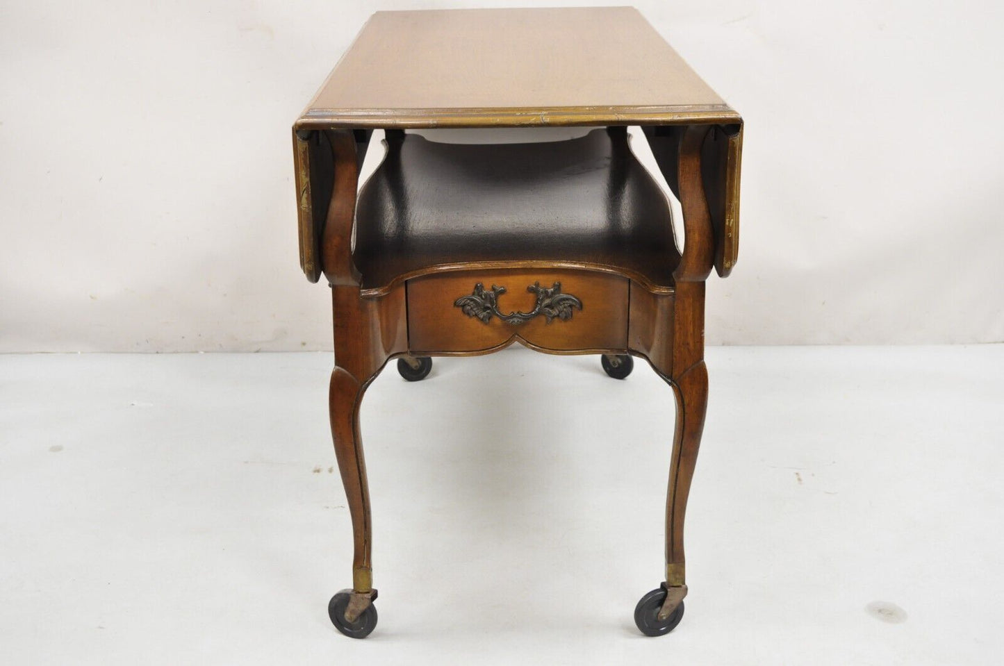 Vintage French Country Style Cherry Wood 2 Drawer Drop Leaf Rolling Serving Cart