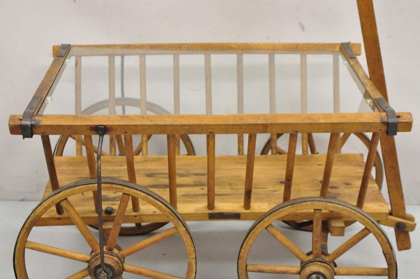 Antique French Primitive Wooden Goat Cart Wagon Farmhouse Glass Top Coffee Table