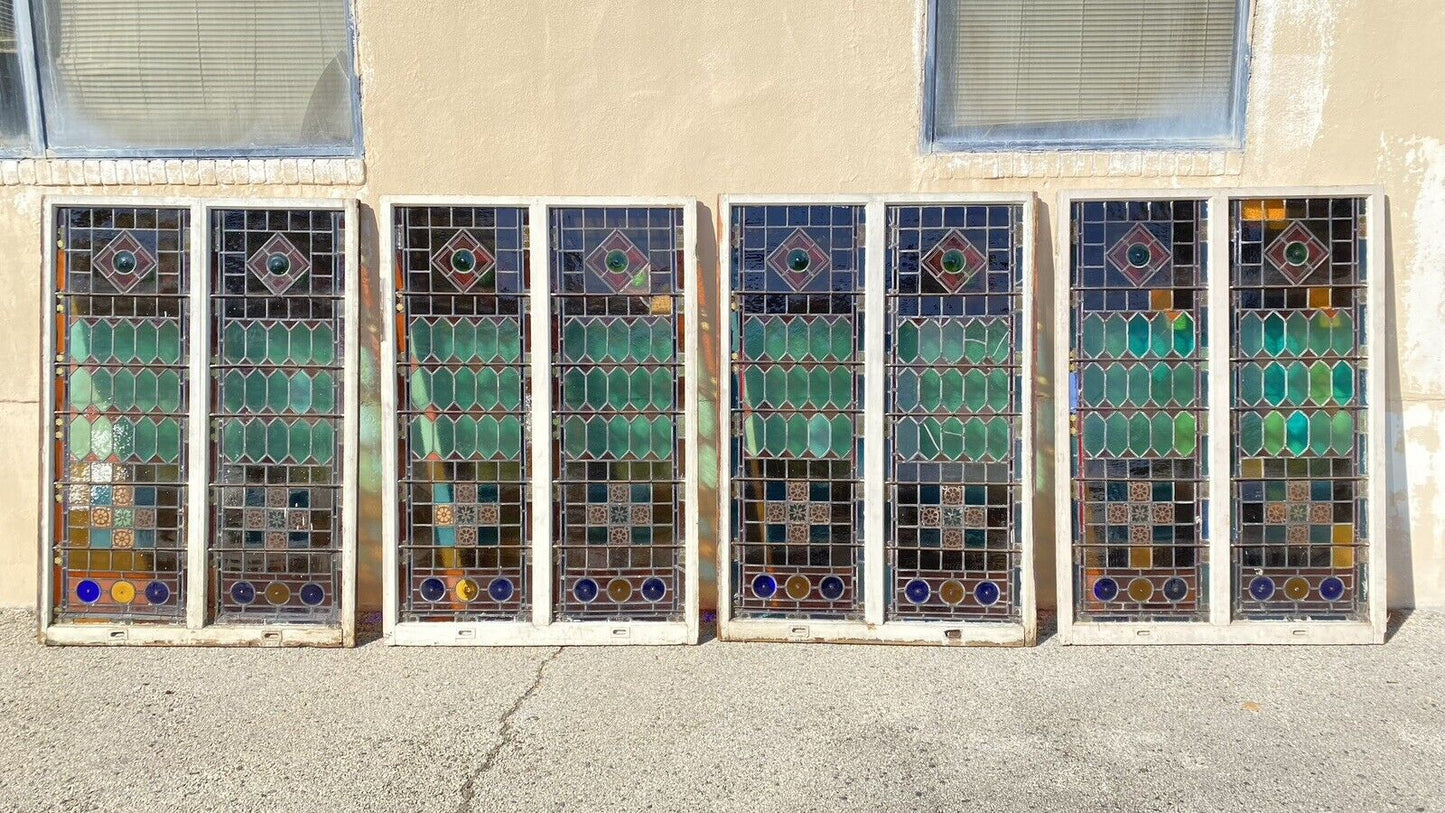 Antique Victorian 70 x 48 Double Stained Glass Window Pink Blue Green Jeweled