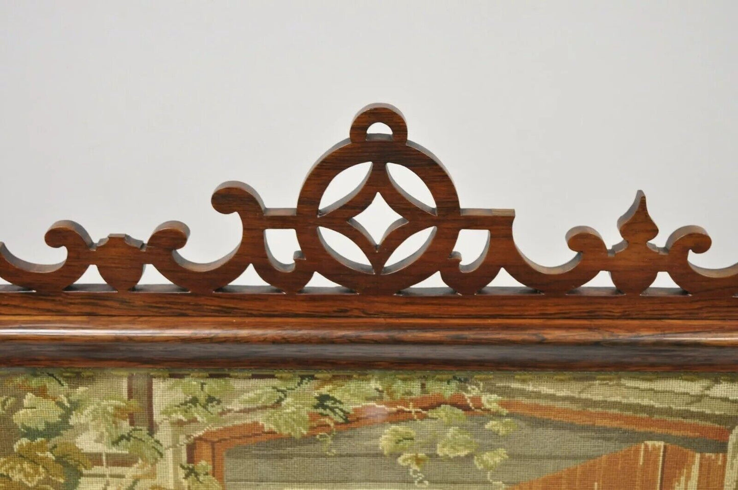 Antique 19th C Rosewood & Figural Needlepoint Victorian Spiral Carved Firescreen
