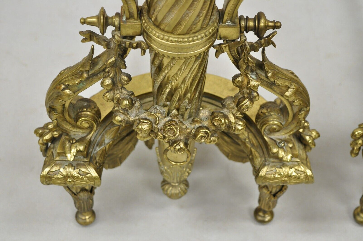 Antique French Louis XVI Style Gilt Bronze Quivers & Arrow Tall Andirons - Pair