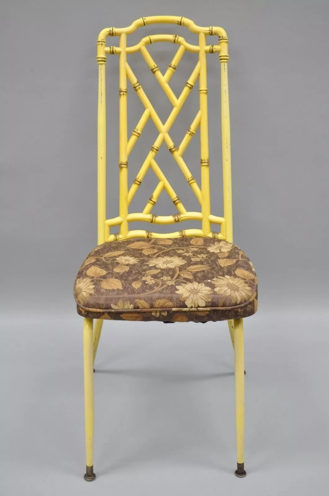 Hollywood Regency Chinese Chippendale Yellow Metal Faux Bamboo Dining Side Chair